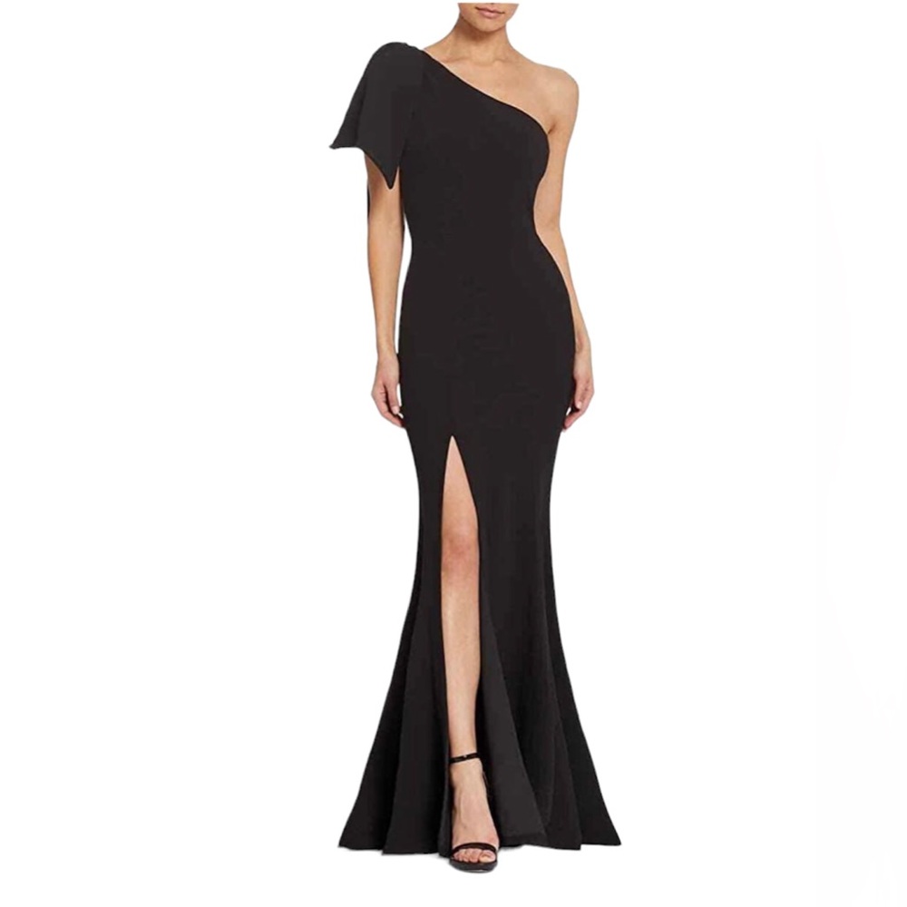 Dress the Population Georgina Black Thigh-High Slit Trumpet Floor Length Gown